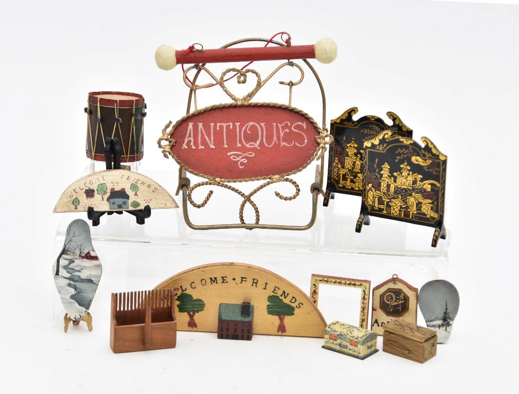Dollhouse Painted Wood Small Accessories: Betty Spice military drum with hand painted spread wing eagle, bound with rope and leather taps like the original 1.5"H, pair of Judith Dunger Chinoiserie decorated black lacquer fire screens 2.5"H, p