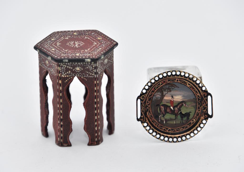 Natasha Beshenkovsky Dollhouse Table & Tray: Natasha hand painted India style wood table 1.75"H and hand painted tray with equestrian scene 1.5"W