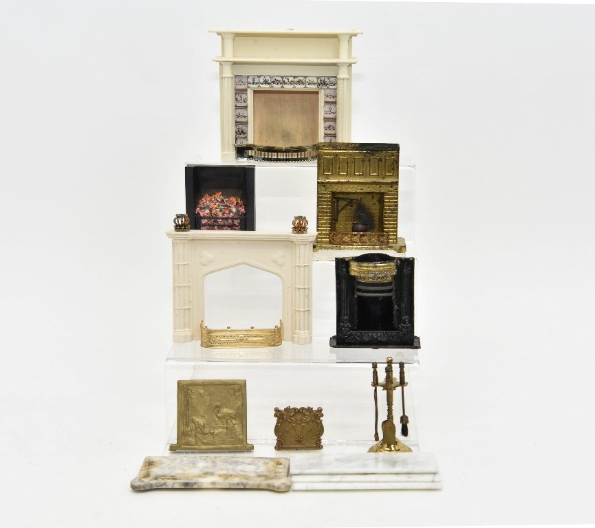 Antique & Modern Dollhouse Fireplace Miniatures: Antique ormolu fireplace with crane and cauldron may have originally been a candy container, missing top 4"W, 4"H, 2"D, antique painted tin coal style fireplace 3.25"W, 3.5"H, 1.75"D, new wood firepla