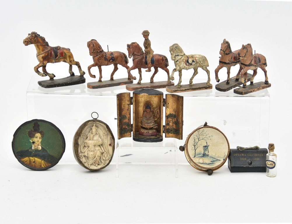 Mixed Antique Small Miniatures: Souvenir bag from the Ottawa Centenary in 1926 containing a miniature glass Scotch bottle 2"W, carved wood Buddha in a lacquered hinged case with ormolu mounts and a gilt interior 2.75"H, cardboard ta