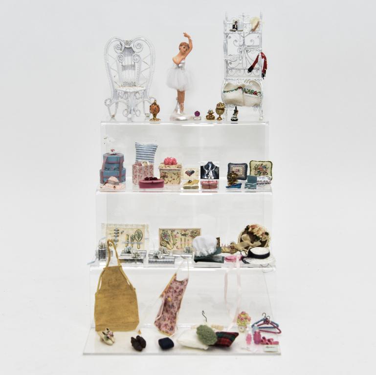 Dollhouse Ladies' Accessories: Nice selection for the lady's bedroom including dresser sets, pillows, two pair of Dolls Cobbler shoes, hat boxes, wrapped presents, tiny ring inside of a real egg with crack 7/8"H, sewing thread stan