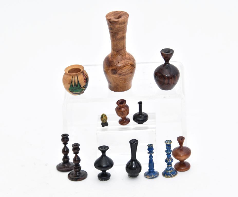 Turned Exotic Wood Dollhouse Accessories: Nice group of artist made turned vases and candlesticks made from assorted exotic hardwoods, largest 2"H, also includes a pair of David Krupick blue candlesticks and a vintage treen urn with hand pain
