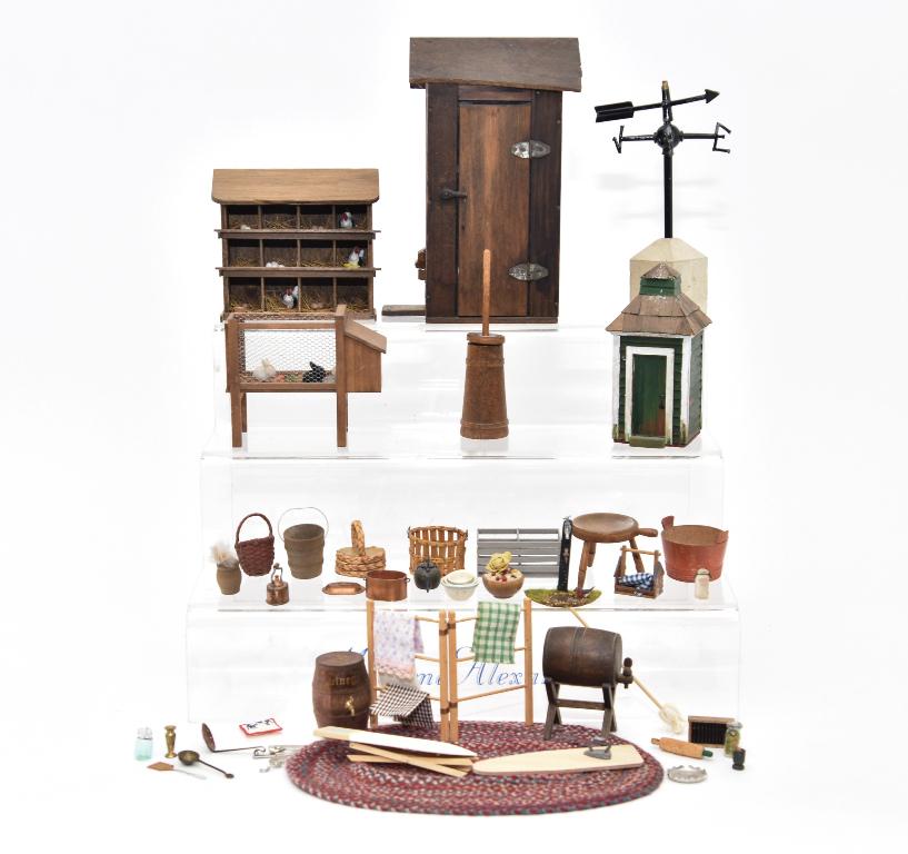 Dollhouse Country & Farm Accessories: Vera & Bill Chicken coop 4.75"W, two outhouses, rabbit hutch, Sonia Messer barrel on stand, vintage Vinegar barrel with spigot, Turner butter churn and milking stool, antique Stockholm souvenir wash t