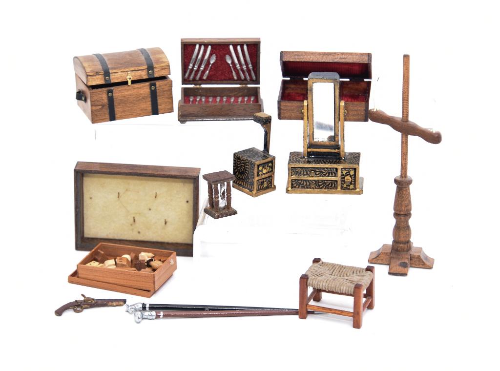 Small Wood Dollhouse Artisan Accessories: Daniel Krucker dome top trunk 1.5"W, Ron Stetkewicz one of a pair of flintlock pistols in wood hanging case 2.25"W, Miner adjustable height candle stand, F.E. Armstrong wood box with tiny toys inside,
