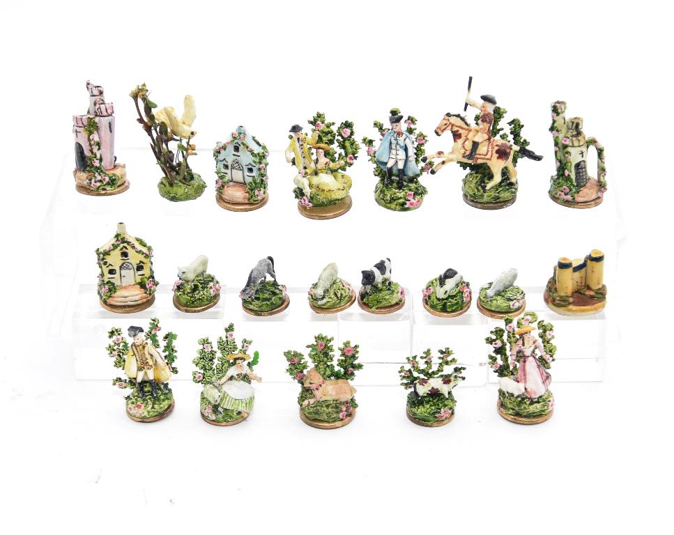 Miniature Staffordshire Style Dollhouse Figurines: Group of 20 small miniature English style figural groups, 6 with people including patriot on horseback 1.75"H, 5 of houses and castles, 9 of animals and bird