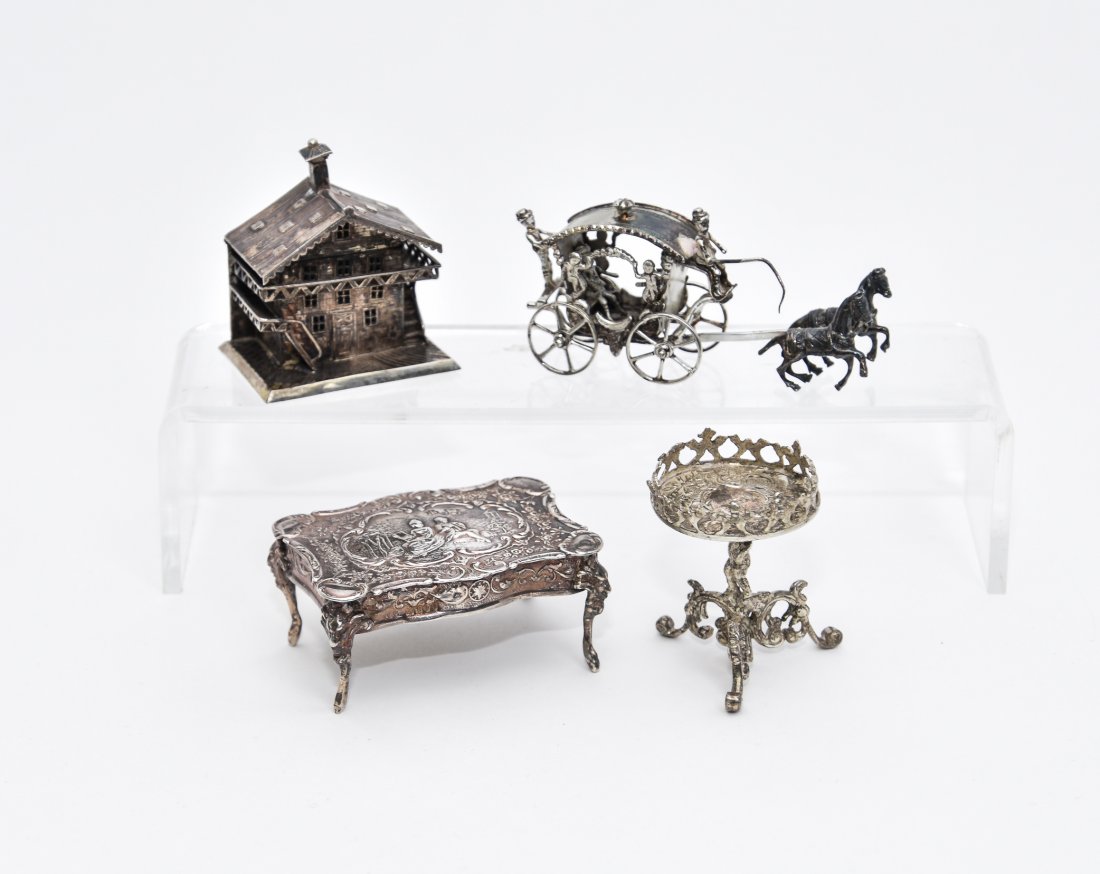 Dollhouse Miniature Silver Accessories: English sterling silver rococo table 2.75"W, English sterling silver horse drawn carriage 3.5"L, European silver house trinket box with hinged roof lid marked .833 JBC 2"W, European silver rococo tabl