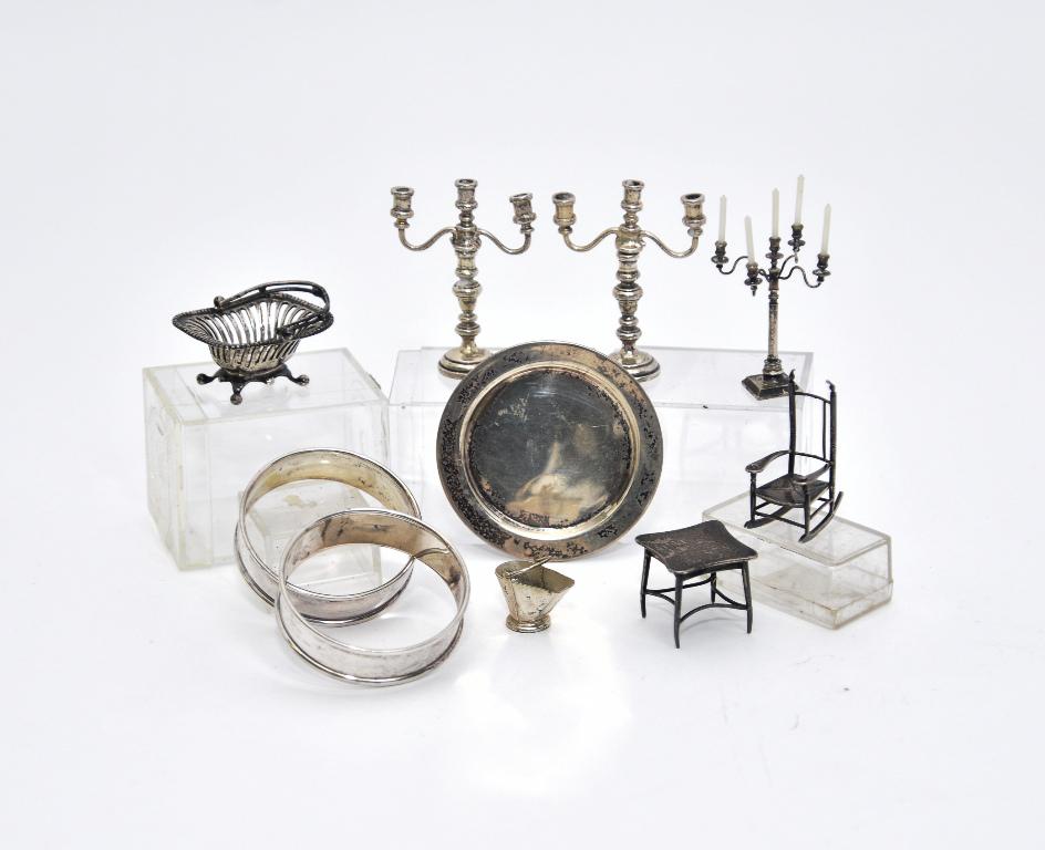 Meyers & Other American Miniature Sterling Accessories: Vintage William B. Meyer regency style bread basket with swing handle 1.5"L, J.E. Caldwell sterling tray 2 3/8"D, Gorham sterling table and chair 1.5"H, sterling coal bucket, sterling convertible cand