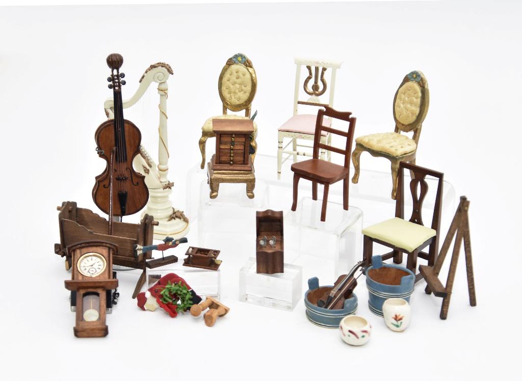 Lot Of Dollhouse Wood Accessories: Wood bass with metal neck 5.5"H includes bow, wood violin 2.25"H with box, harp 5.5"H, chairs, two painted washtubs, cutlery box with pewter flatware, painted urns, easel, wall clock, hand painted woo