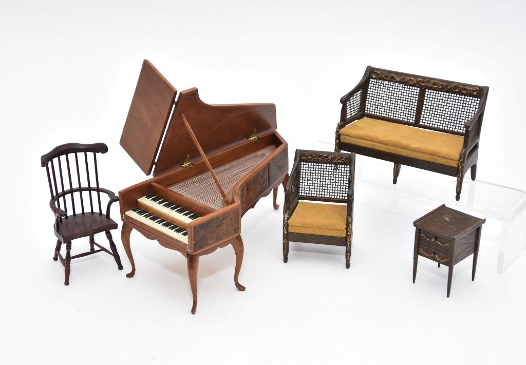 Partelow Piano & Other Dollhouse Furniture: Ralph and Dot Partelow Harpsichord, mahogany case with burl wood panels on sides, bird's eye cherry lid 3.5"W, 6 7/8"L, 3"H, Rae loveseat with woven sides 4.5"W with matching armchair 3"H and end tabl