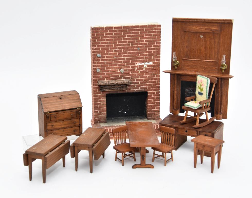 Dollhouse Fireplaces & Toncoss Furniture: Vintage Toncoss wood dollhouse furniture includes slant lid desk 2.25"W, two drop leaf tables, harvest table with bread board ends 5.25"L, side table, rocking chair and two straight chairs, also inclu