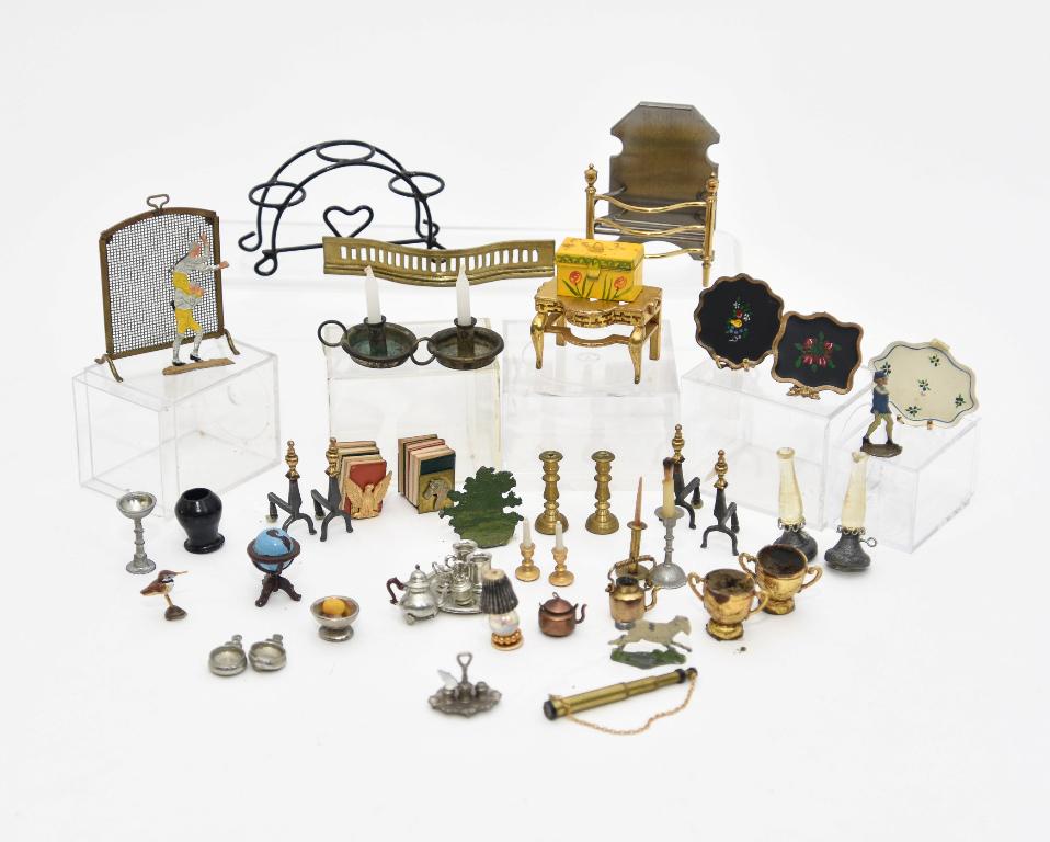 Assorted Dollhouse Small Metal Accessories: Fireplace equipment, candlesticks, teapots made from pennies, pewter tray and goblets, tin box, vintage vases, globe etc.