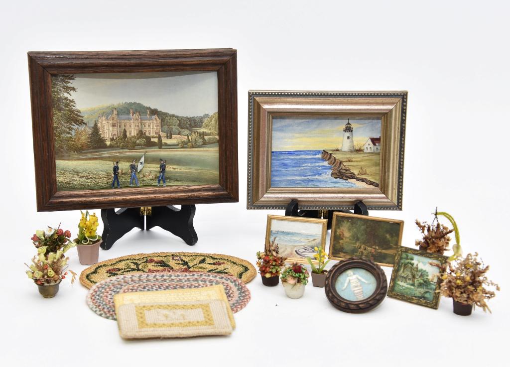 Dollhouse Pictures & Rugs Miniatures: Oil on canvas painting of a lighthouse mounted in a wood frame 5" by 6.5", three soft metal figures mounted in a wood frame in front a an old English manor house print 6.5" by 8.5", two small needlepo