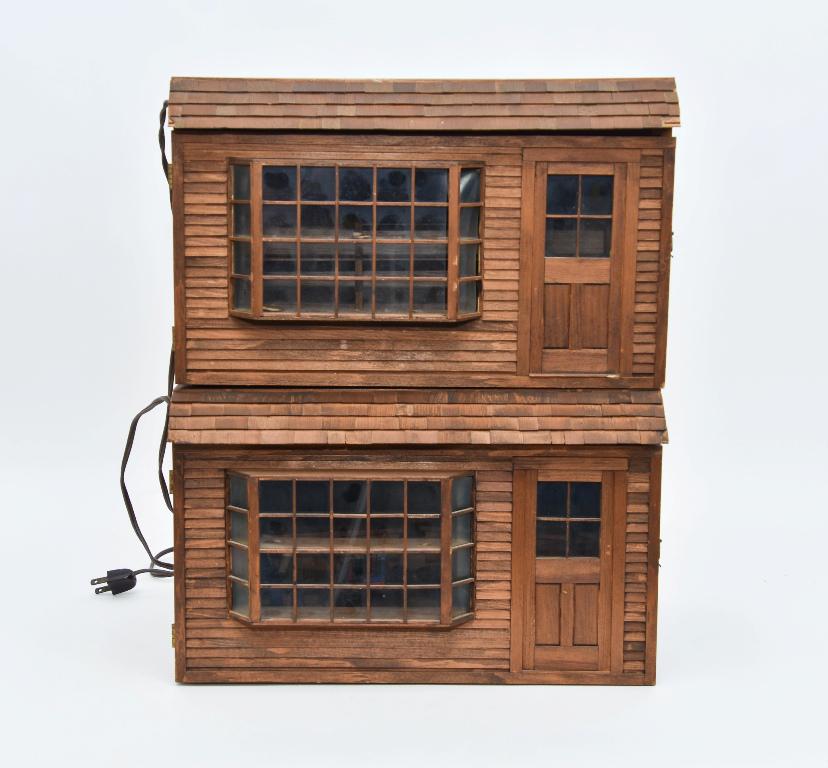 Two Small Room Box Store Dollhouses: Two small wood room box store dollhouses, stained exterior has hinged front with large bay window, stationary door, shingled roof façade and wood siding on the front, built in lighting in ceiling