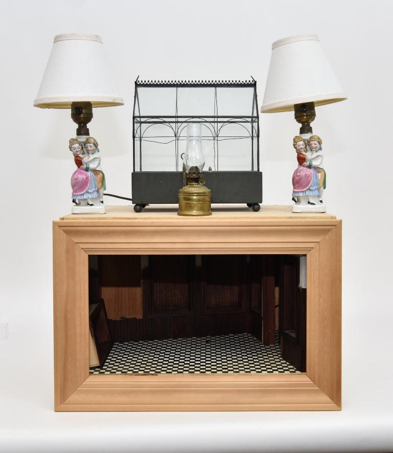 Dollhouse Room Box & Greenhouse: Unfinished wood room box has built in lighting, courtyard with four display windows and door, paper checkerboard flooring, front frame lacking glass and hinges is included 18"W, 13"D, 12.5"H, small gr