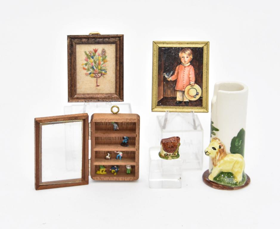 Amanda Skinner Miniature Painting & Other Accessories: Amanda Skinner oil painting titled "Boy With Straw Hat " mounted in wood frame 1.75" by 2.25", unsigned needlepoint flower arrangement in wood frame, shadow box with tiny metal figures 2.25"H, small a