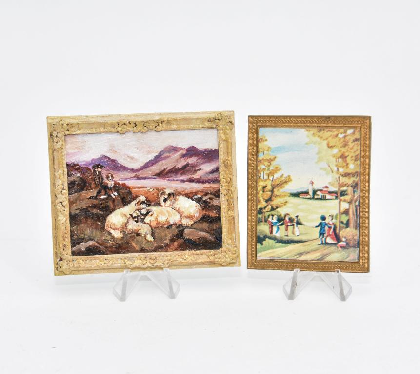 Betty Spice Shepherd & Ship Painting Miniature: Betty Spice hand painted dollhouse miniature oil painting, shepherd relaxing and smoking a pipe with his dog while the sheep rest, mounted in a frame 3" by 3.5", also includes a framed courting print
