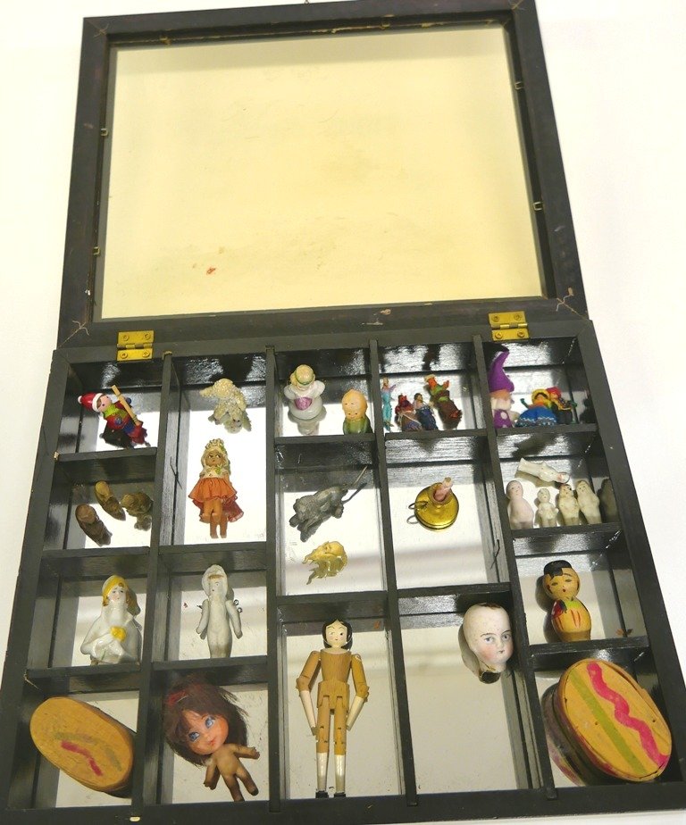 Small Display Case With Miniatures: Small divided show case with hinged lid, contents include a vintage jointed monkey with tin face that sticks his tongue out when plunger is pushed, two small hand sewn jointed monkey and bear, jointed