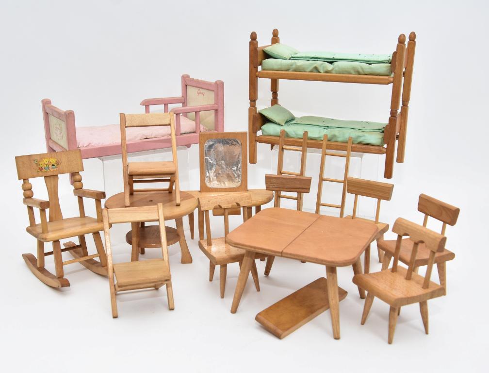 Vintage Wood Furniture For 8" Dolls: Vintage Strombecker wood doll furniture includes a round table 5.5"D with three chairs, rocking chair 7"H, pair of stacking bunk beds 10"L with a pair of ladders and two folding chairs, also includes