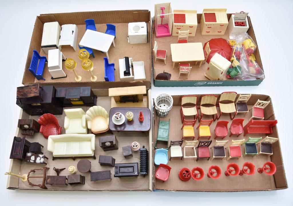Large Assortment of Vintage Plastic Dollhouse Items: Large group of vintage plastic dollhouse 1" scale furniture, accessories and people, many are signed Renwal or Ideal, also a few tin pieces