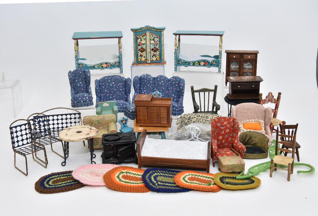 Assorted Vintage Dollhouse Furniture: Hand painted West Germany pair of canopy beds 5.75"L with a armoire 4"W, table and two repainted chairs, oversized painted red chair 5"H, vintage tin and steel patio set with settee 5"W with matching 
