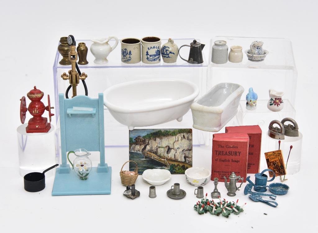 Assorted Dollhouse Small Accessories: Oil painting on masonite of a road along a rocky coastline signed ECK 2" by 2.75", two vintage printed books published by Miniature Dictionary Publishers and printed in France include The Golden Treas