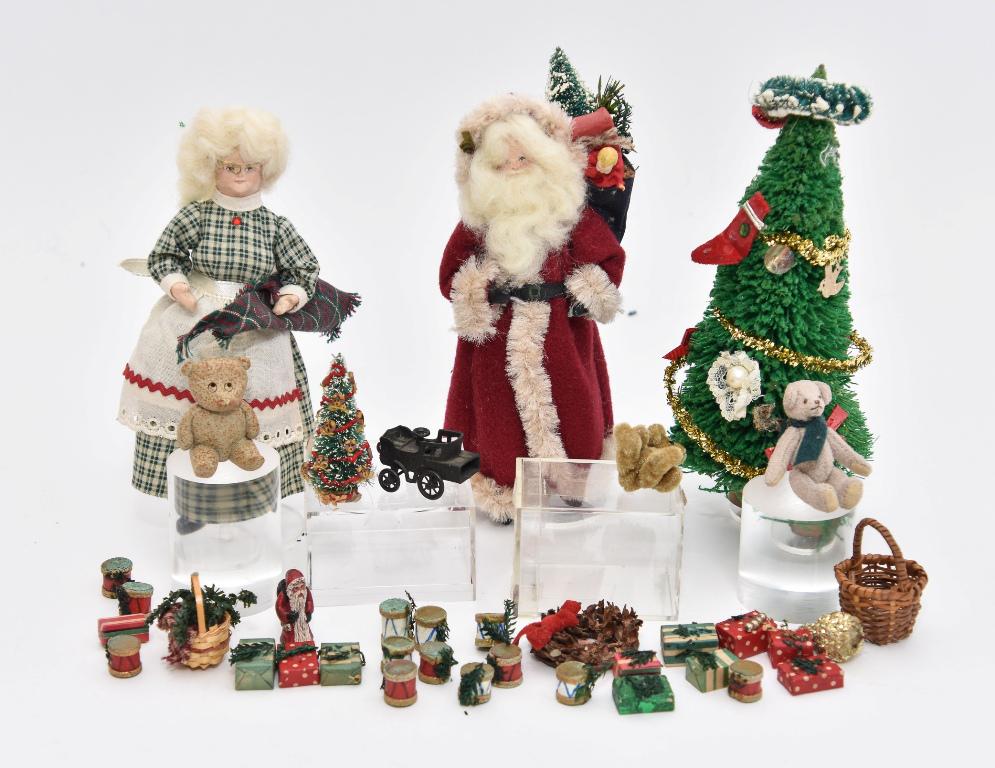 Assorted Dollhouse Christmas Items: Unusual antique French soft metal whistle shaped like an early horseless carriage 1.5"L, carved wooden head Santa with bag of toys 6"H with Mrs. Claus, artisan clay seated bear 1.5"H, two small jointe