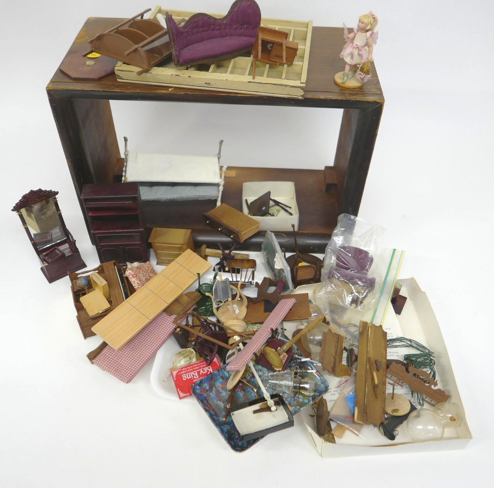 Misc. Dollhouse Accessories & Parts: Small worn room box missing its back, Sharon Spindler bisque fairy doll with broken arm, parts, accessories, broken items and projects