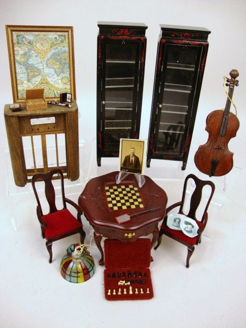 Contemporary Dollhouse Furniture: Grouping Game Table & 2 Arm Chairs, Wall Map, Pair Curio Cabinets, Lamp, etc. 13 pcs. , 3 " t