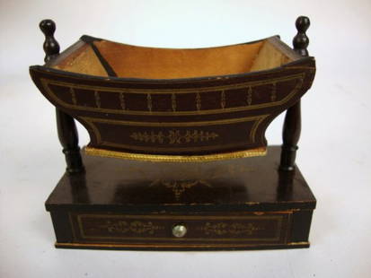 Biedermeier Cradle w/base: Rare Biedermeier Cradle w/base & drawer, Cradle rests on 2 Pedestals, the gilt Transfer is superior along w/Dresden trim, 2 x 3 x 1 3/4"