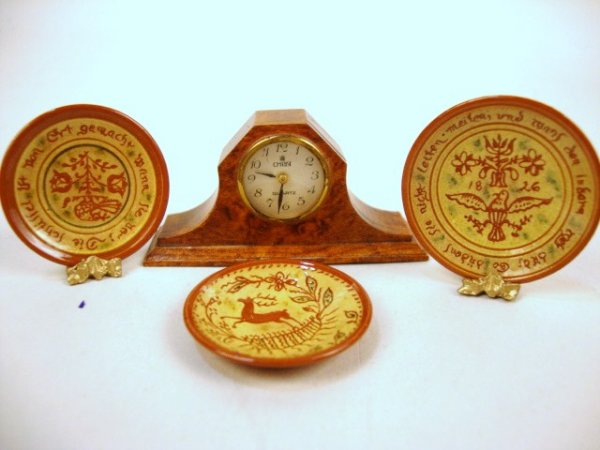 Ernie Levy Mantle Clock, Graber Pottery: Curly Maple Mantle Clock, signed Ernie Levy 1/89, 3 pcs. Jane Graber Scraffito Plates 1 "