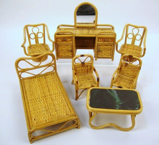 Rattan Bedroom Set: Wonderful Rattan Bedroom Set, unknown maker, Vanity, Bed, arm Chair, 2 Tables w/faux marble, 7 pcs. , 5 1/4" t