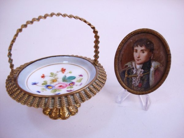 Ormolu Brides Basket & Portrait Painting: Ormolu Decorative Brides Basket w/Porcelain Bowl, together w/Portrait of man on shell signed Damie? French 3" t