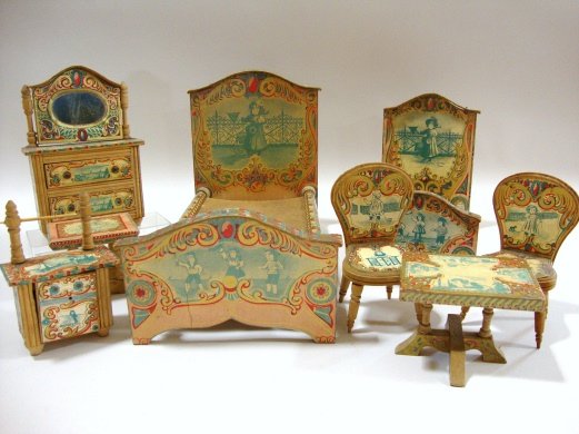 Bliss Style Lithographed Dollhouse Children at Seaside: Grouping 2 Beds ,Dresser, Tables, 2 Chairs, Washstand, all appear to match, 8 pcs. 2 1/2 TO 7 1/2 " t