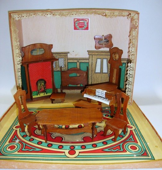 American Box Dollhouse w/Furniture: Wonderful American Box Doll house w/Paper label #1001 YLDR,St. Louis, circa 1900,box measures 15 X 5 X 12, 9 pcs. , Fireplace Clock,mirror,Settee Tables & 2 Chairs, Piano w/small Bench