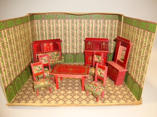 Victorian Style Dollhouse Furniture in O/B: Box opens to Room w/8 pcs. Stenciled Red/Gold, Furniture Settee w/backsplash , mirrors, console, 4 Chairs & Tablebox 13 X 8 X 2 1/2", 2 to 5 1/2"