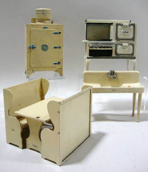 Cast Iron Arcade Dollhouse Furniture: Grouping 6 pcs. Arcade Dollhouse Furniture & Roper CI Stove, Sink,Table 2 Benches 7" t, G.E. Refrigerator Arcade Salesman Sample ,Chrome Sink, Curter Table & Chairs