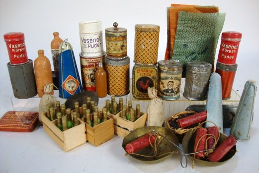 Miniature Store Advertising items, Tins, Foods, etc.: Grouping approx 20 Tins,bags,Ceramic Bottles,cases Bottles,Partial Scales,etc., all can be used in Country Store 3 t