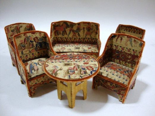 Candy Container Living Room Set: Five pc. Candy Container Living Room Set, Settee, Rocker & 3 Chairs w/Egyptian fabric over Paper, made in Japan 3 1/2" t