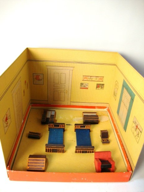 Paper & Wood Dollhouse Furniture Set: "Toys That Teach" Furniture Set #295, Room & Furniture Used for Teaching in o/b w/Cardboard Background, box 12 X 12 X 2"