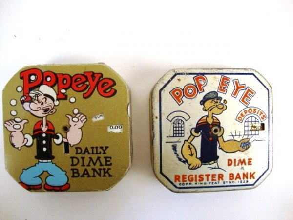 Two Tin Popeye Dime Register Banks
