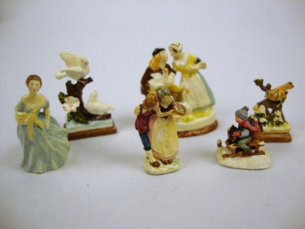 Robert Olszewski Gobel Figures: Robert Olszewski Older Gobel Figures (not in Gobel Boxes), all hand Painted Signature 1 " t, Bringing Home the Tree, Children with Fruit, Adrienne, Doves 148/3000, Poultry Seller 116/3000, Birds 1"