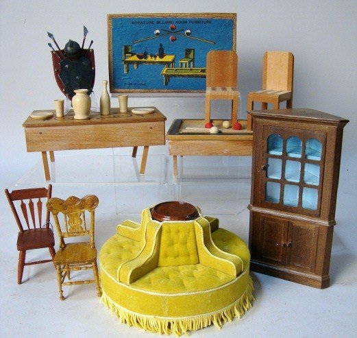 Miniature Billiard Room, Ottoman: Men's Room with Knights Shield & Armor, Miniature billiard Room in OB, Corner Cupboard Ottoman, Couch, 2 Chairs, approximately 6 pcs. 4"t