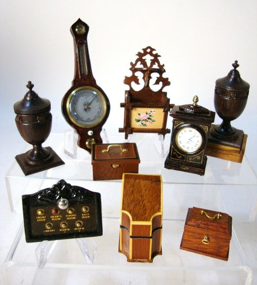 Dollhouse Accessories, Mudlark, Cohill, etc.: Pair of faux knife Boxes signed G.G.M #12 A & B 4/25/71, unsigned Inlaid knife Boxes, Silverware in the manner of Sims Maurien, Cohill Victorian magazine rack, Mudlark servants case Board, Cash box, o