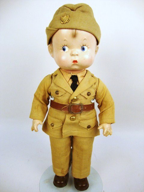 Effanbee Skippy: Effanbee Skippy 14", all Original Soldier, 1929, all Composition, jointed Head, Arms, Legs, Painted side, glancing eyes, wearing Complete Soldier uniform, shoes & socks are molded