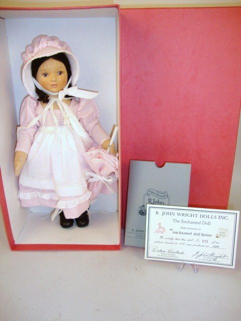 R.John Wright Enchanted Doll: R. John Wright 13 " The Enchanted Doll 012/500 w/certificate, all felt Dressed in pink gingham Dress, hat & umbrella w/White apron, Brown hair, Brown Painted eyes, near MID