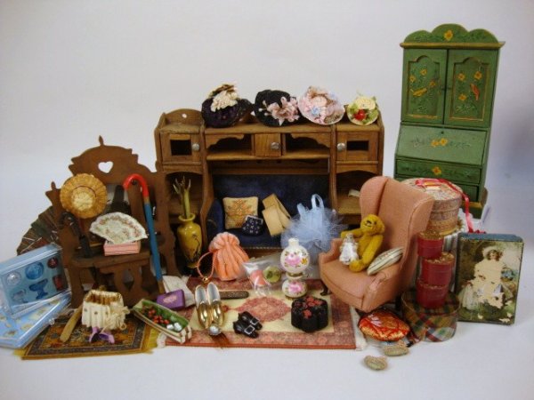 Ladies Store: Grouping Ladies Hats Painted Secretary, Victorian wall Seat & Hat Rack, Wing Chair, purses, fans, Boxes & Accessories. Misc. hair comb, etc., Sylvia Round Tree shoes with note to Flora, Mulard Fans