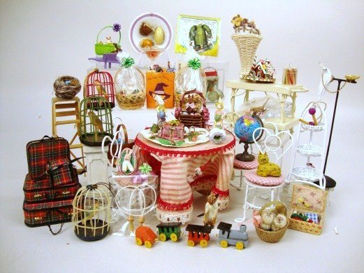 Artisan Holiday Candy Shop: Grouping Artesian Candies, Gingerbread House, Luggage, Celluloid Bird Cages, Ice Cream Tables & Chairs, 48 pcs. 2 1/2" t, (great fun) Mudlark