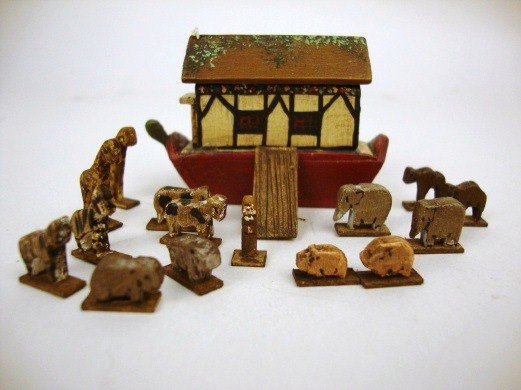 Noah's Ark: Signed Noah's Ark 1 1/2" w/14 Animals, finely carved Wood & Painted Animals 1/4" to 1/2" signed Gana