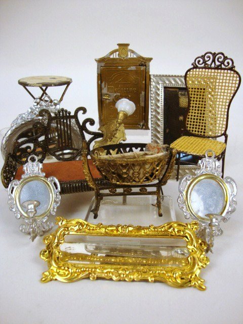 Pewter Mirrors & Furniture: Pewter Wall Sconces made in Western Germany, Mirror, Frames, Gold gilded Cradle, Medicine Chest, Chair, Tables, etc. 11 pcs. , 3 3/4"