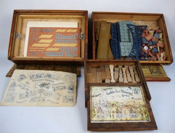 Vintage Architectural Blocks: Three Boxes of Architectural Building Blocks, smaller reads Gothique (and has contents), middle size is a Construction Set w/Metal Parts, Passwort Basel, third & Largest F. Ad. Richier & Cie, is missi